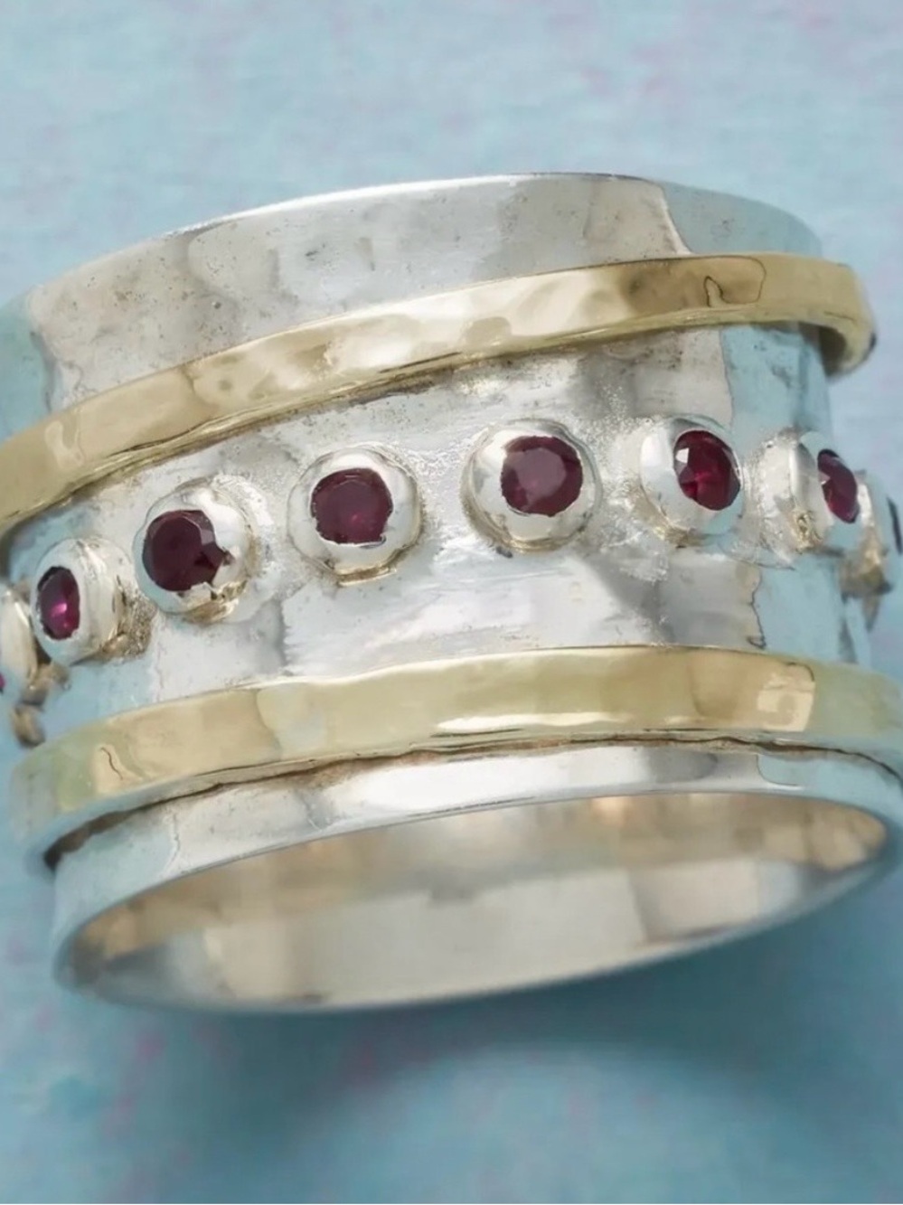 Two-Tone Silver and Gold Wide Band Ring with Red Gem Accents